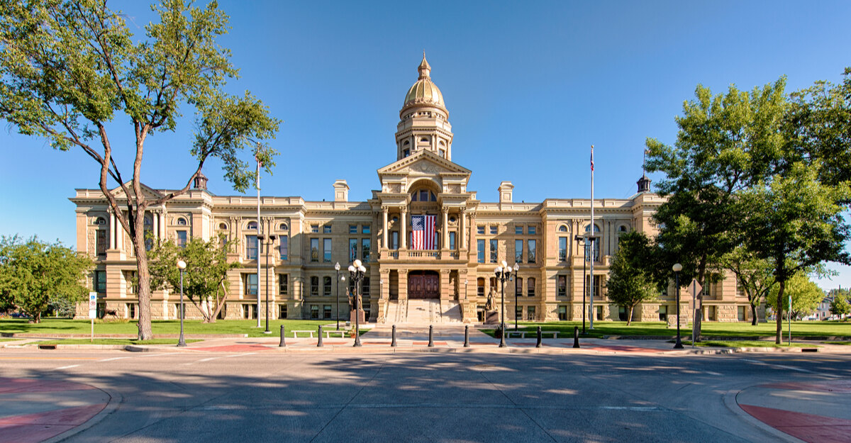 Closeup view of State Capitol building in Wyoming.